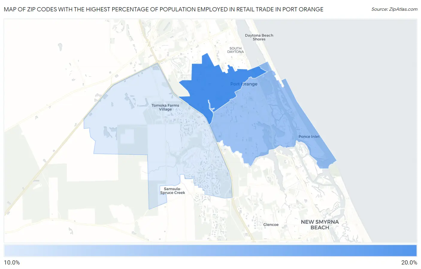 Zip Codes with the Highest Percentage of Population Employed in Retail Trade in Port Orange Map