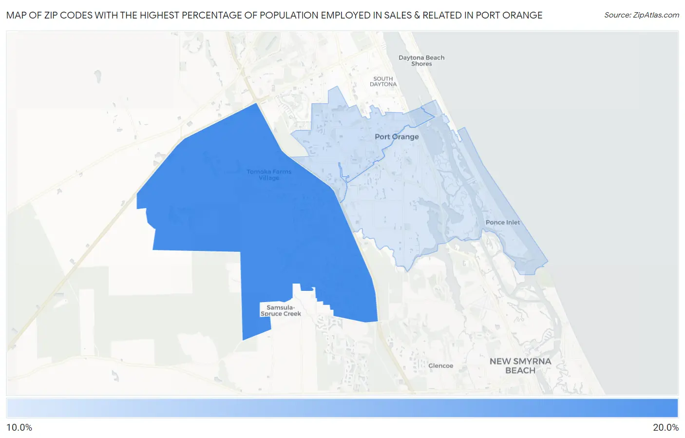 Zip Codes with the Highest Percentage of Population Employed in Sales & Related in Port Orange Map