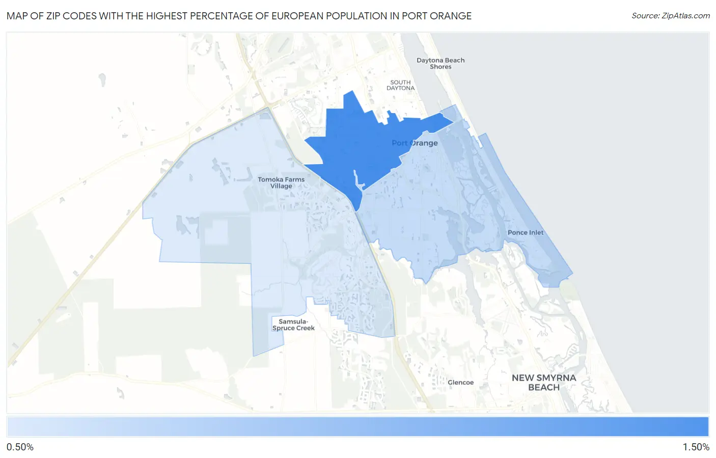 Zip Codes with the Highest Percentage of European Population in Port Orange Map