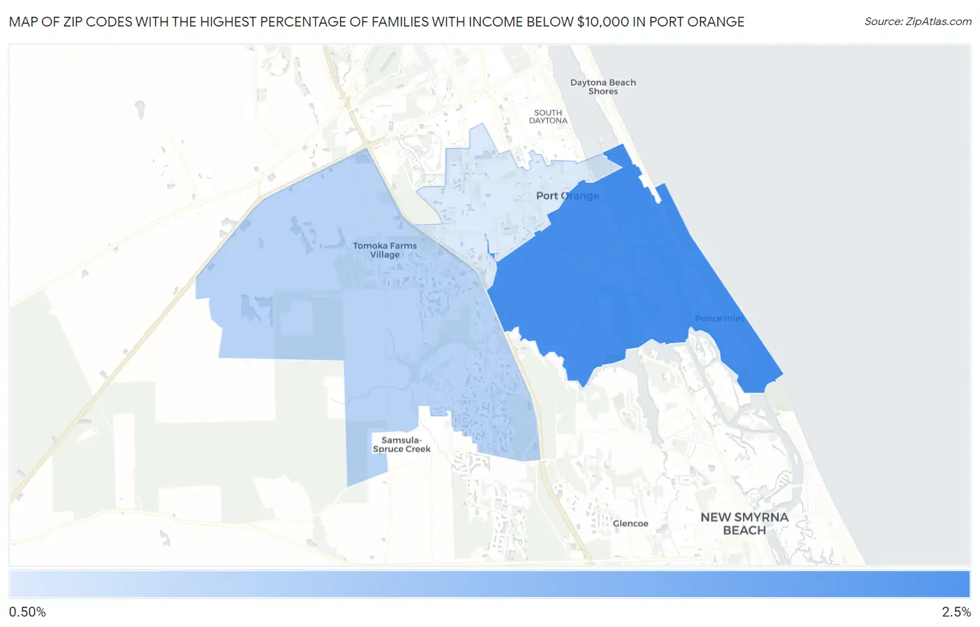 Zip Codes with the Highest Percentage of Families with Income Below $10,000 in Port Orange Map