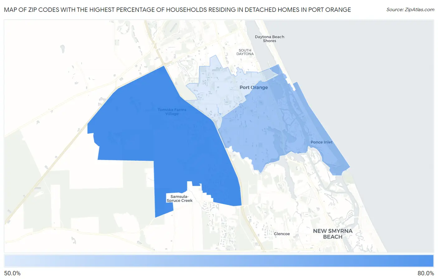 Zip Codes with the Highest Percentage of Households Residing in Detached Homes in Port Orange Map