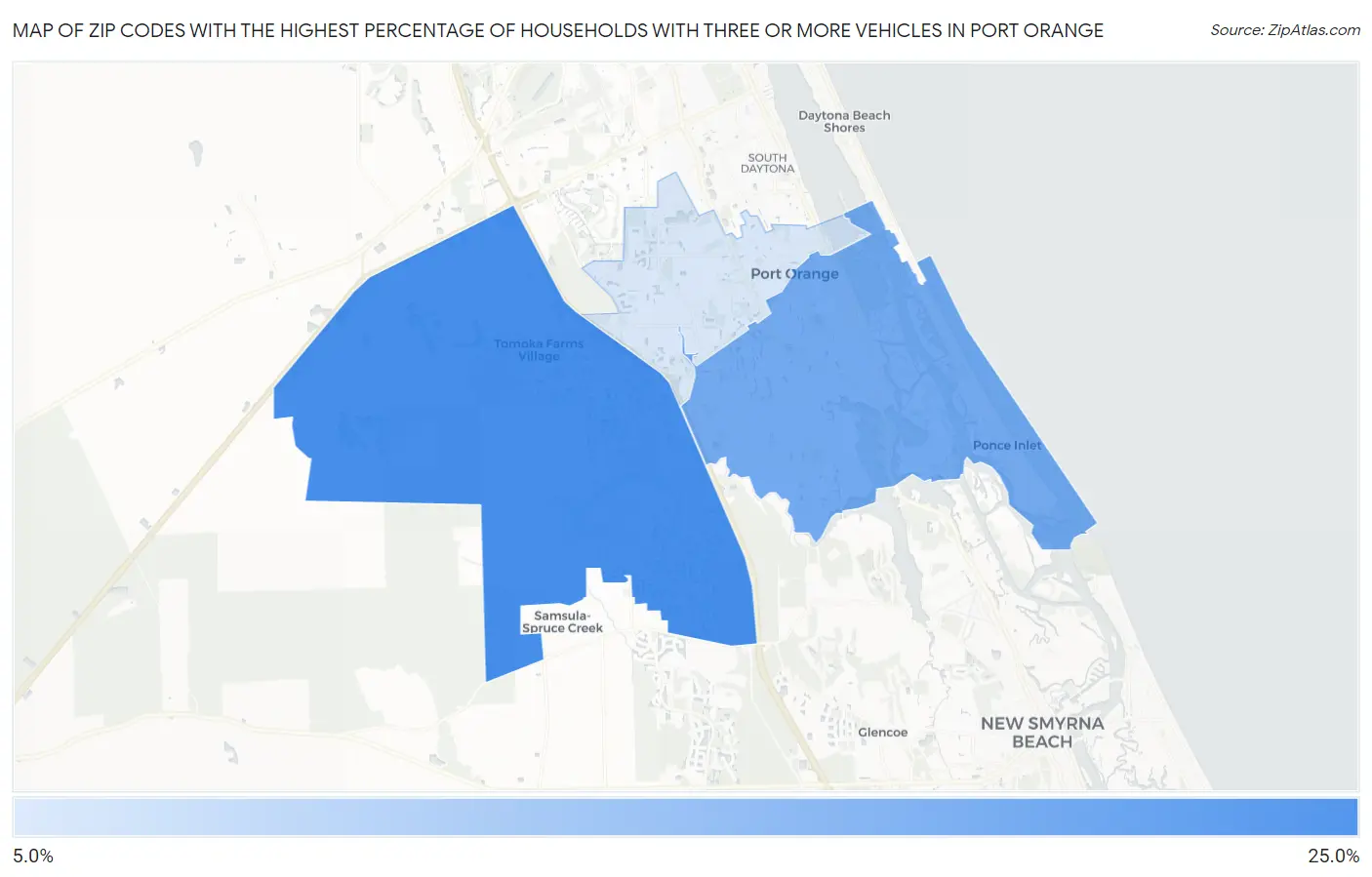 Zip Codes with the Highest Percentage of Households With Three or more Vehicles in Port Orange Map