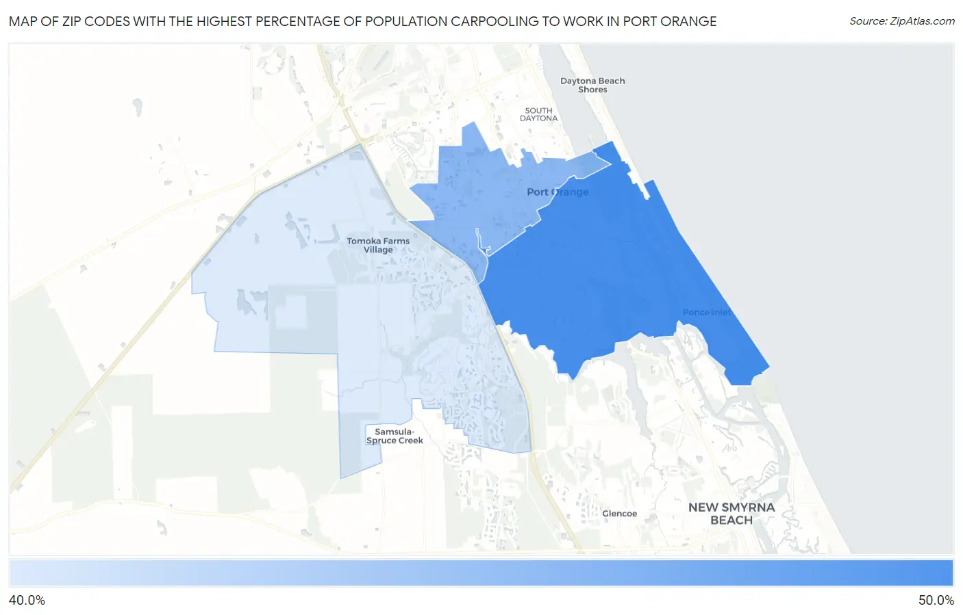 Zip Codes with the Highest Percentage of Population Carpooling to Work in Port Orange Map