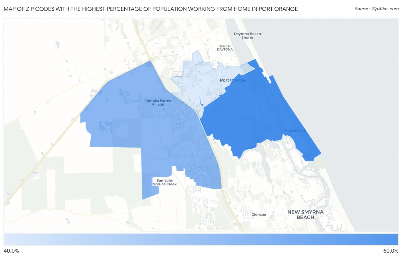 Zip Codes with the Highest Percentage of Population Working from Home in Port Orange Map