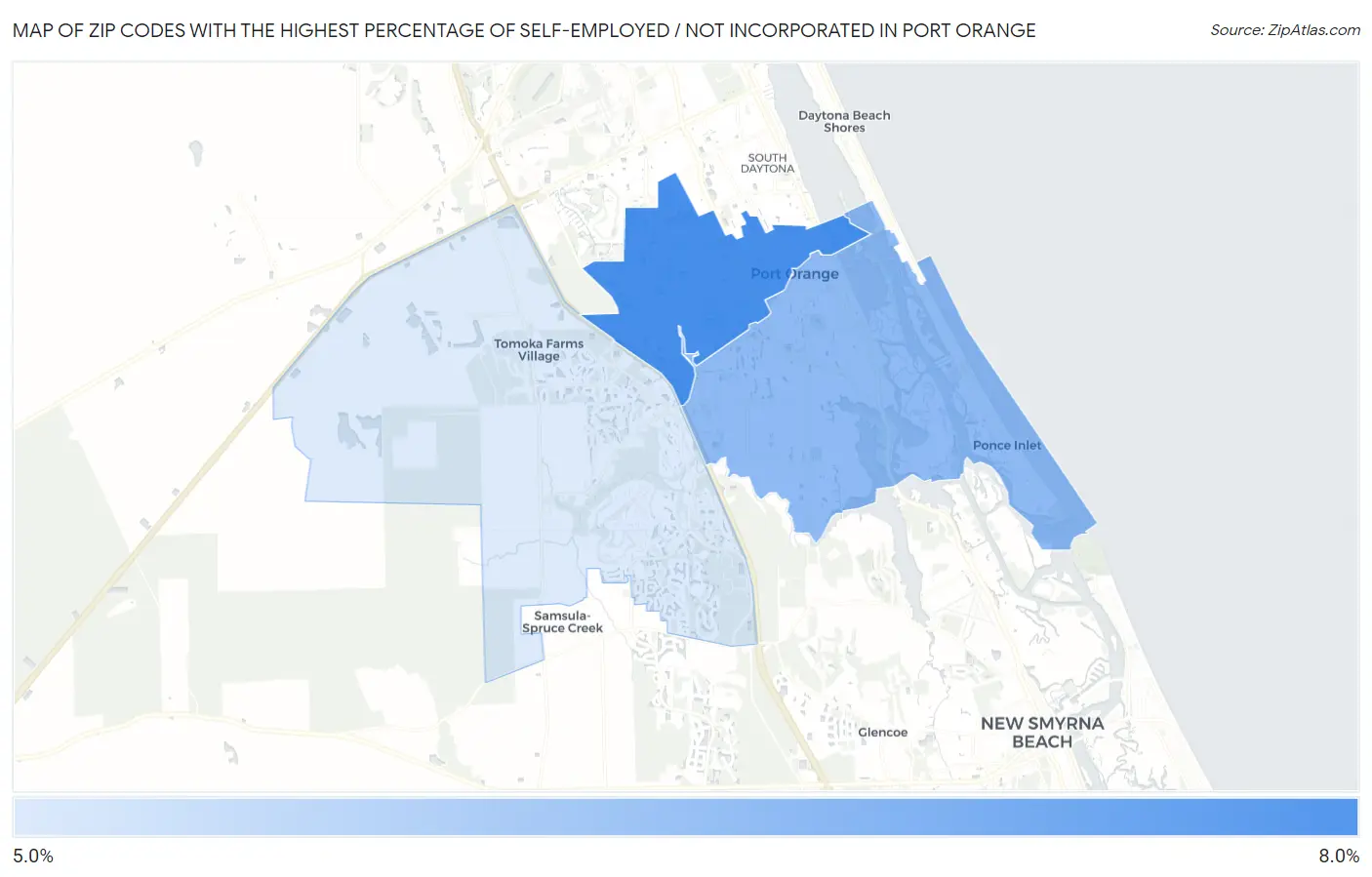 Zip Codes with the Highest Percentage of Self-Employed / Not Incorporated in Port Orange Map