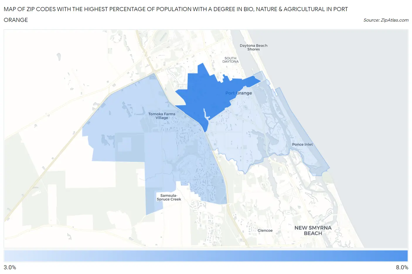 Zip Codes with the Highest Percentage of Population with a Degree in Bio, Nature & Agricultural in Port Orange Map
