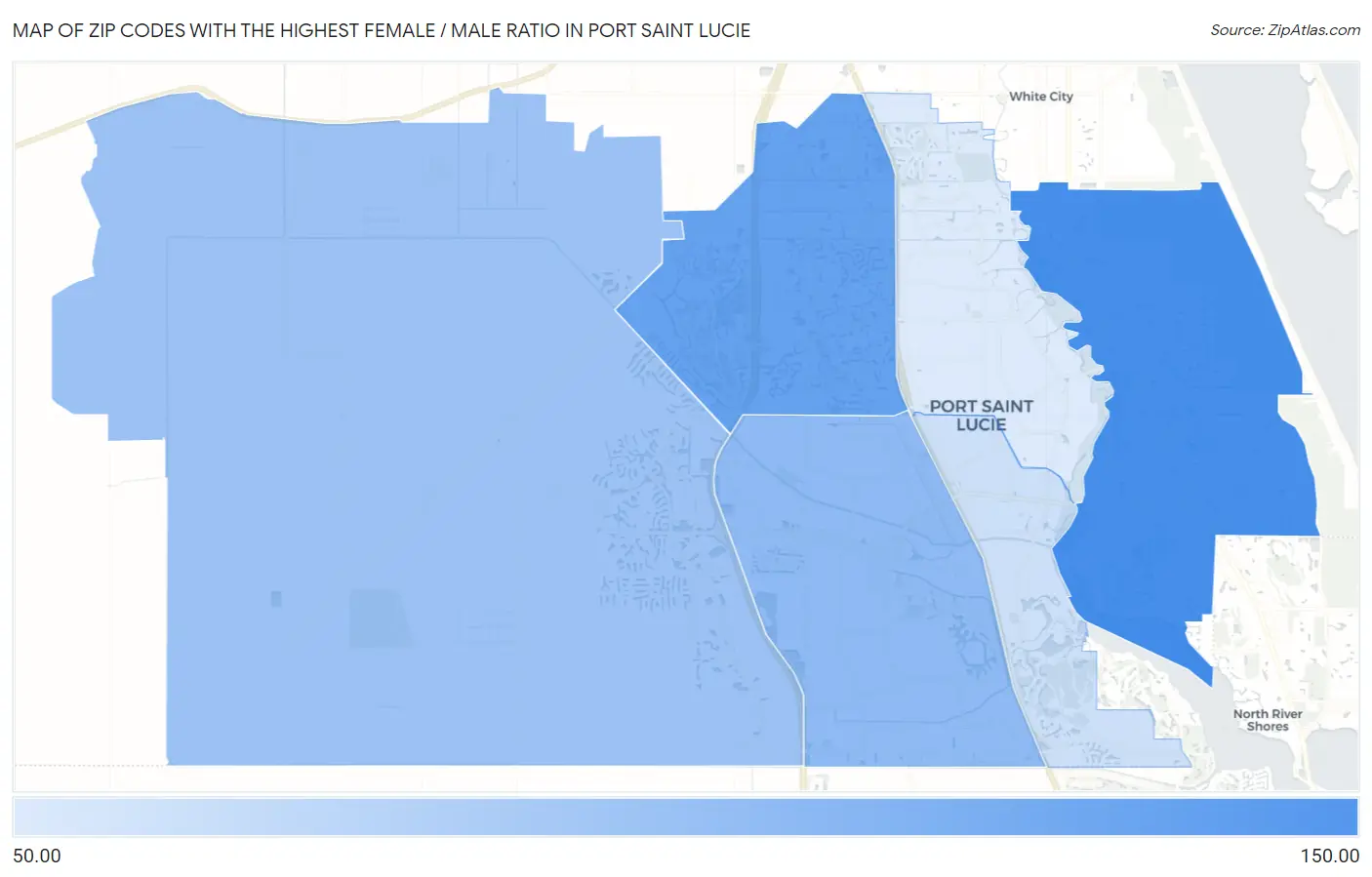 Zip Codes with the Highest Female / Male Ratio in Port Saint Lucie Map