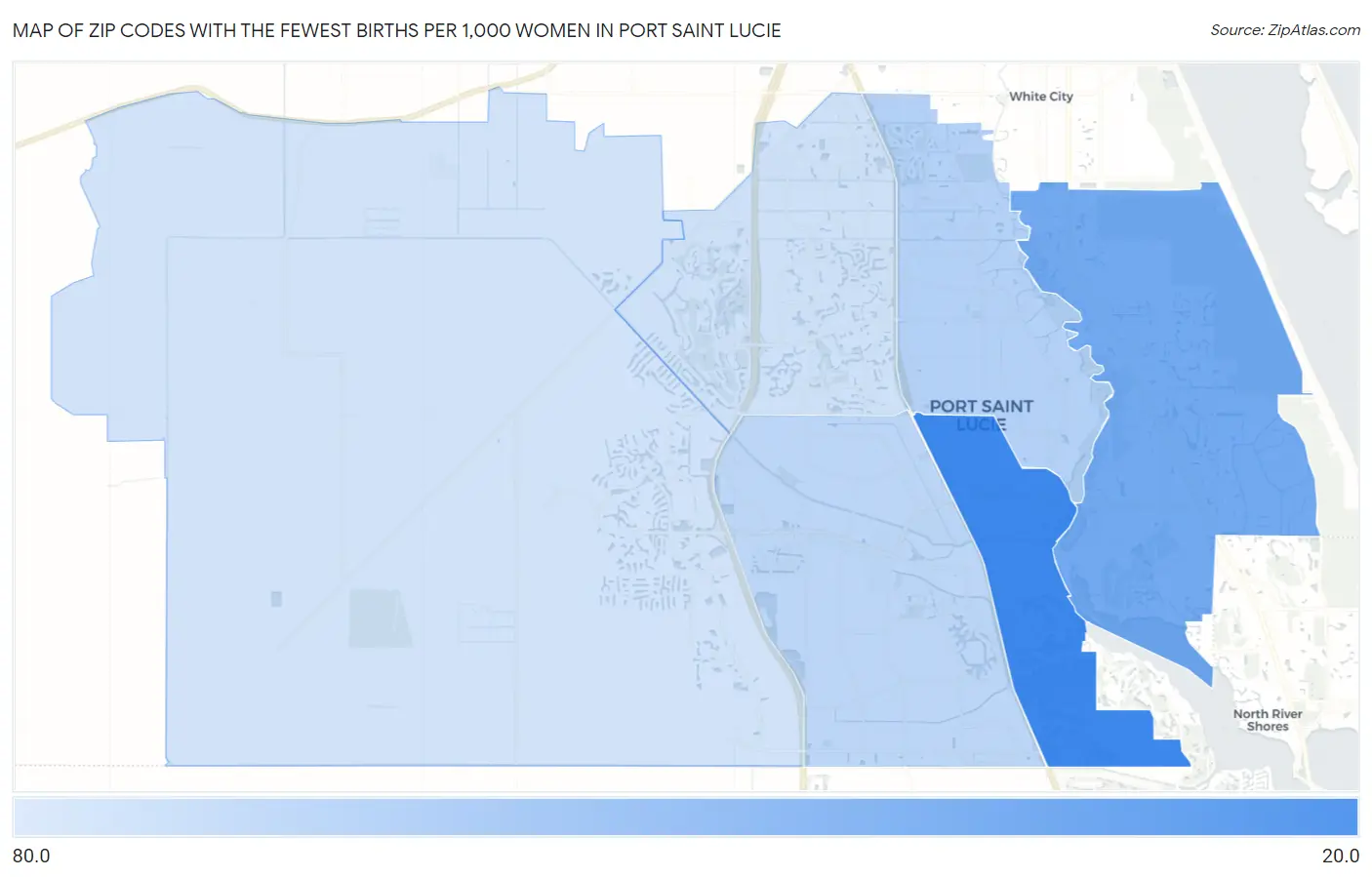 Zip Codes with the Fewest Births per 1,000 Women in Port Saint Lucie Map