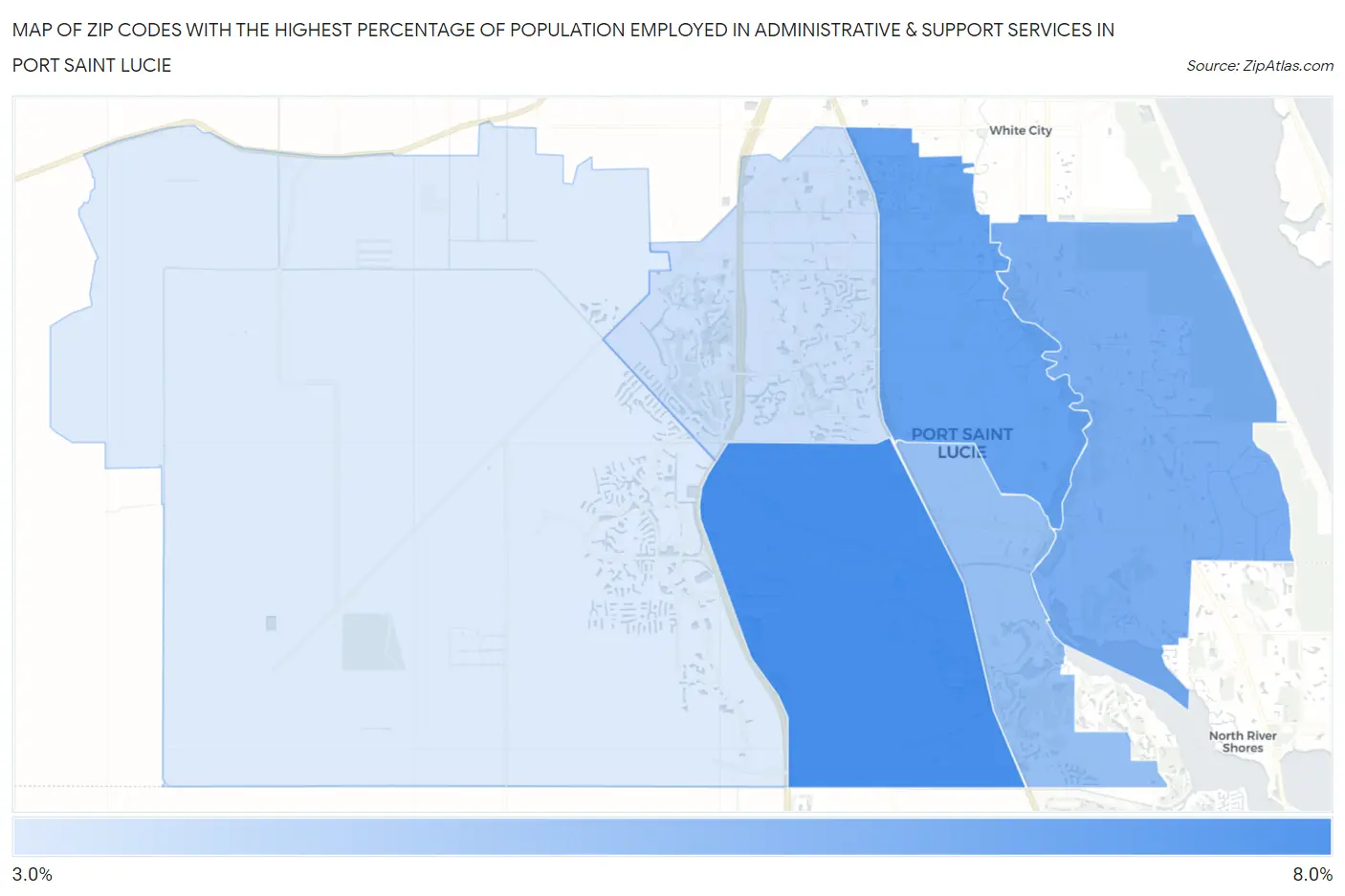 Zip Codes with the Highest Percentage of Population Employed in Administrative & Support Services in Port Saint Lucie Map