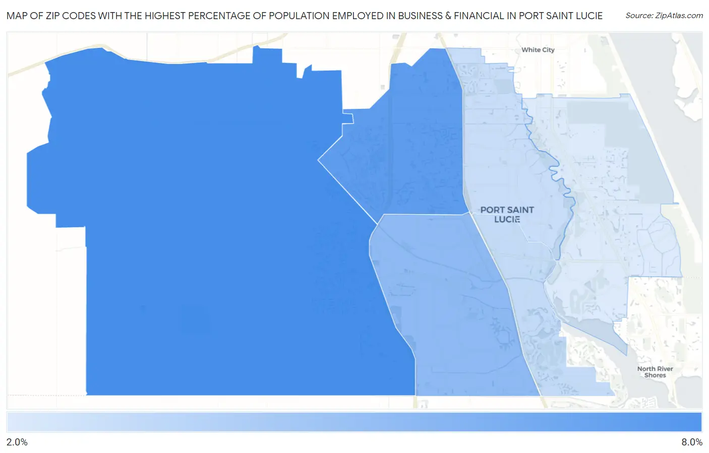 Zip Codes with the Highest Percentage of Population Employed in Business & Financial in Port Saint Lucie Map