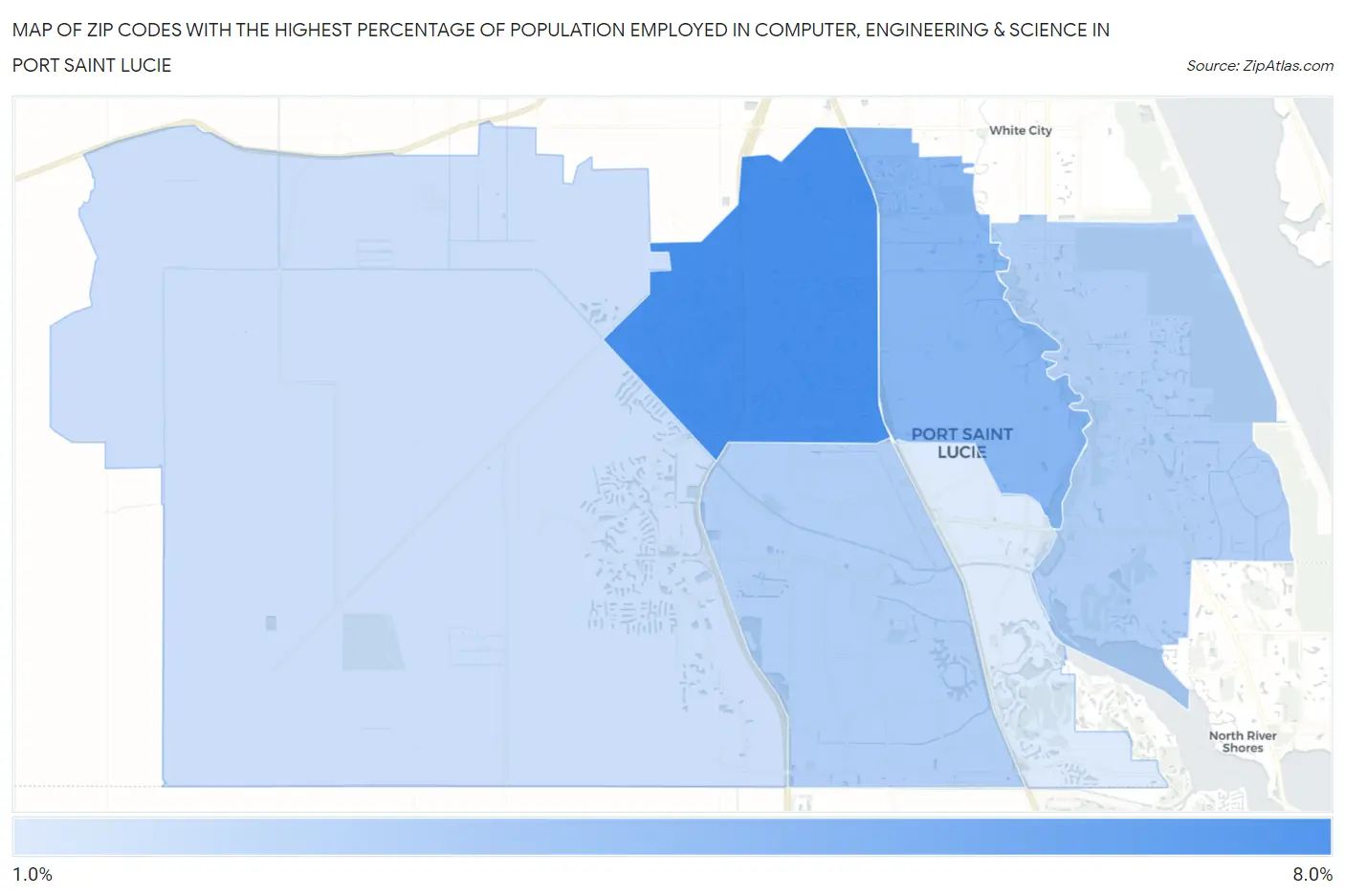 Zip Codes with the Highest Percentage of Population Employed in Computer, Engineering & Science in Port Saint Lucie Map