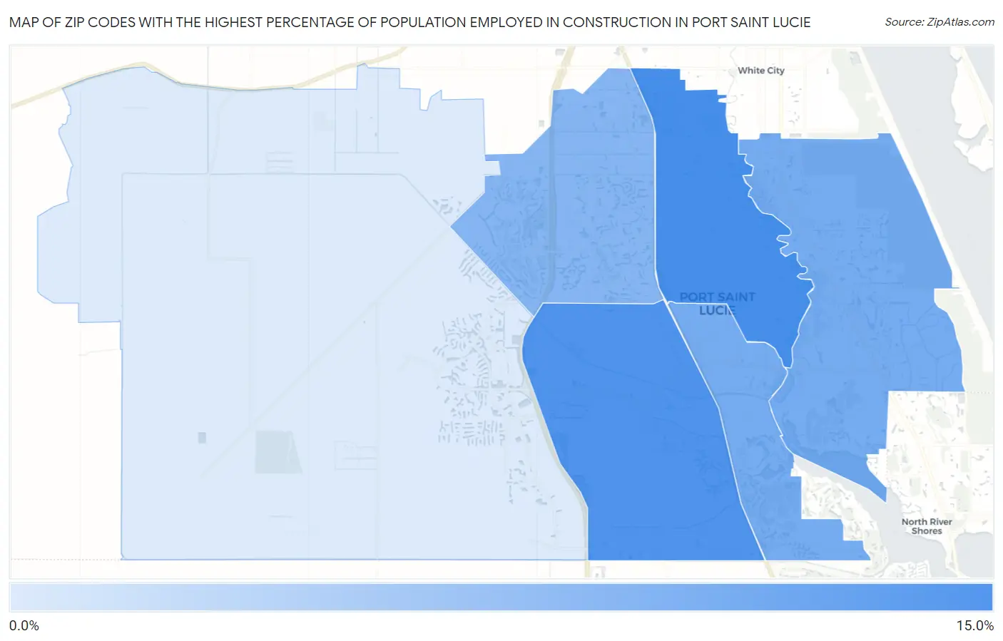Zip Codes with the Highest Percentage of Population Employed in Construction in Port Saint Lucie Map