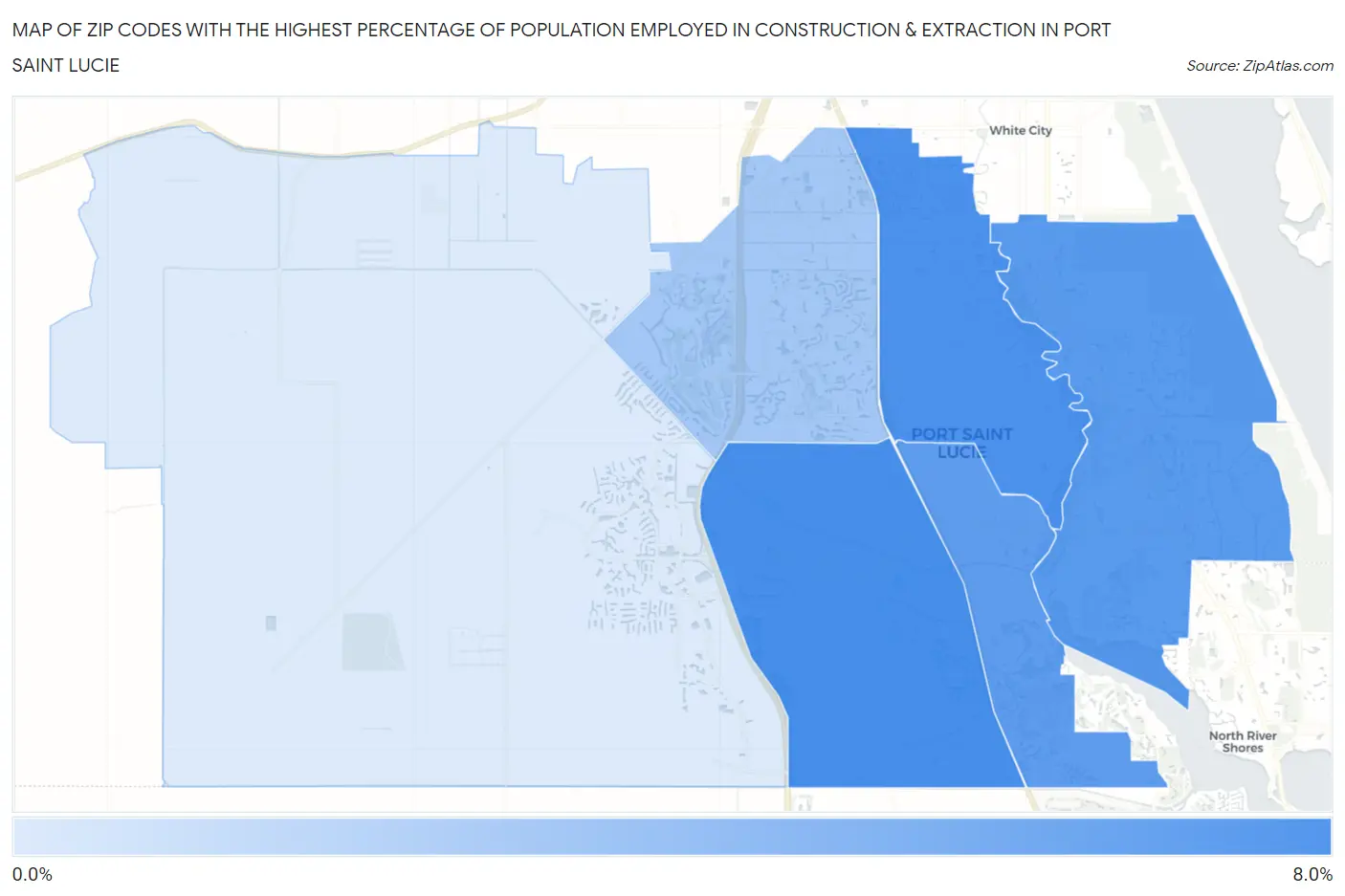 Zip Codes with the Highest Percentage of Population Employed in Construction & Extraction in Port Saint Lucie Map