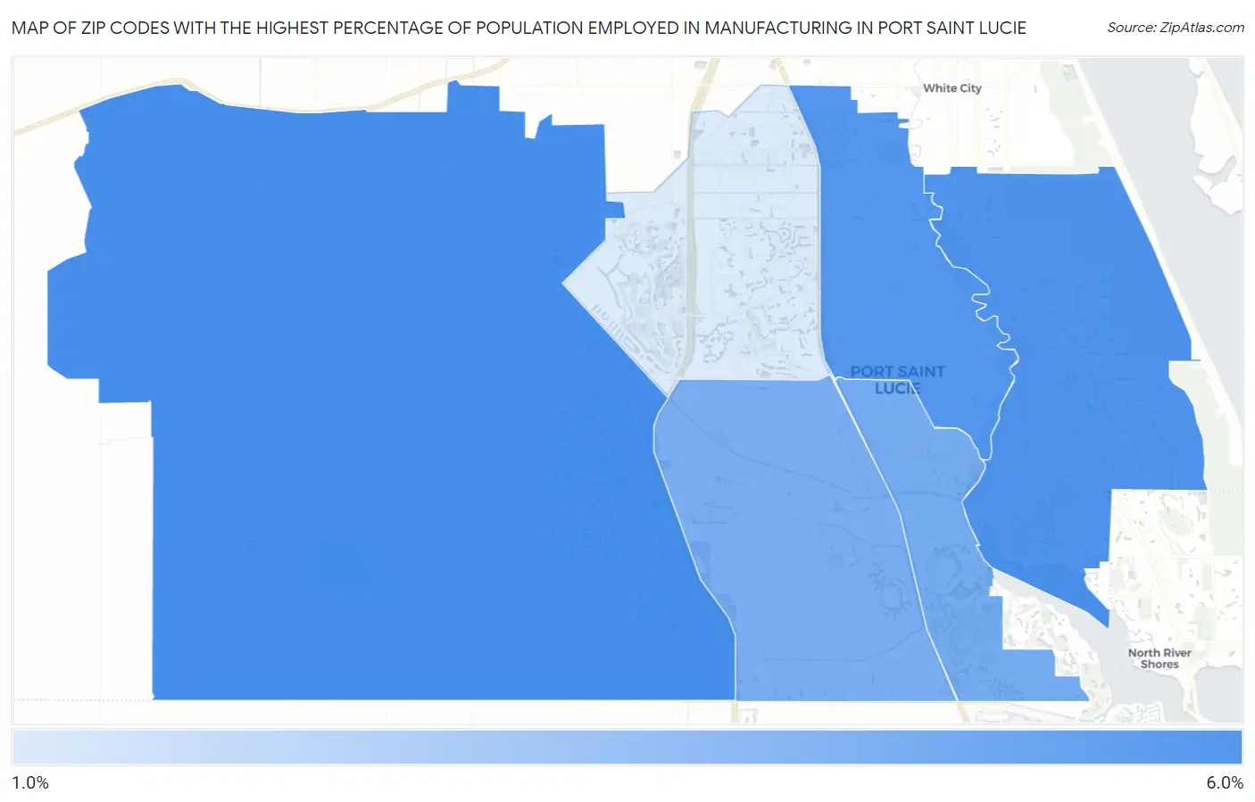 Zip Codes with the Highest Percentage of Population Employed in Manufacturing in Port Saint Lucie Map