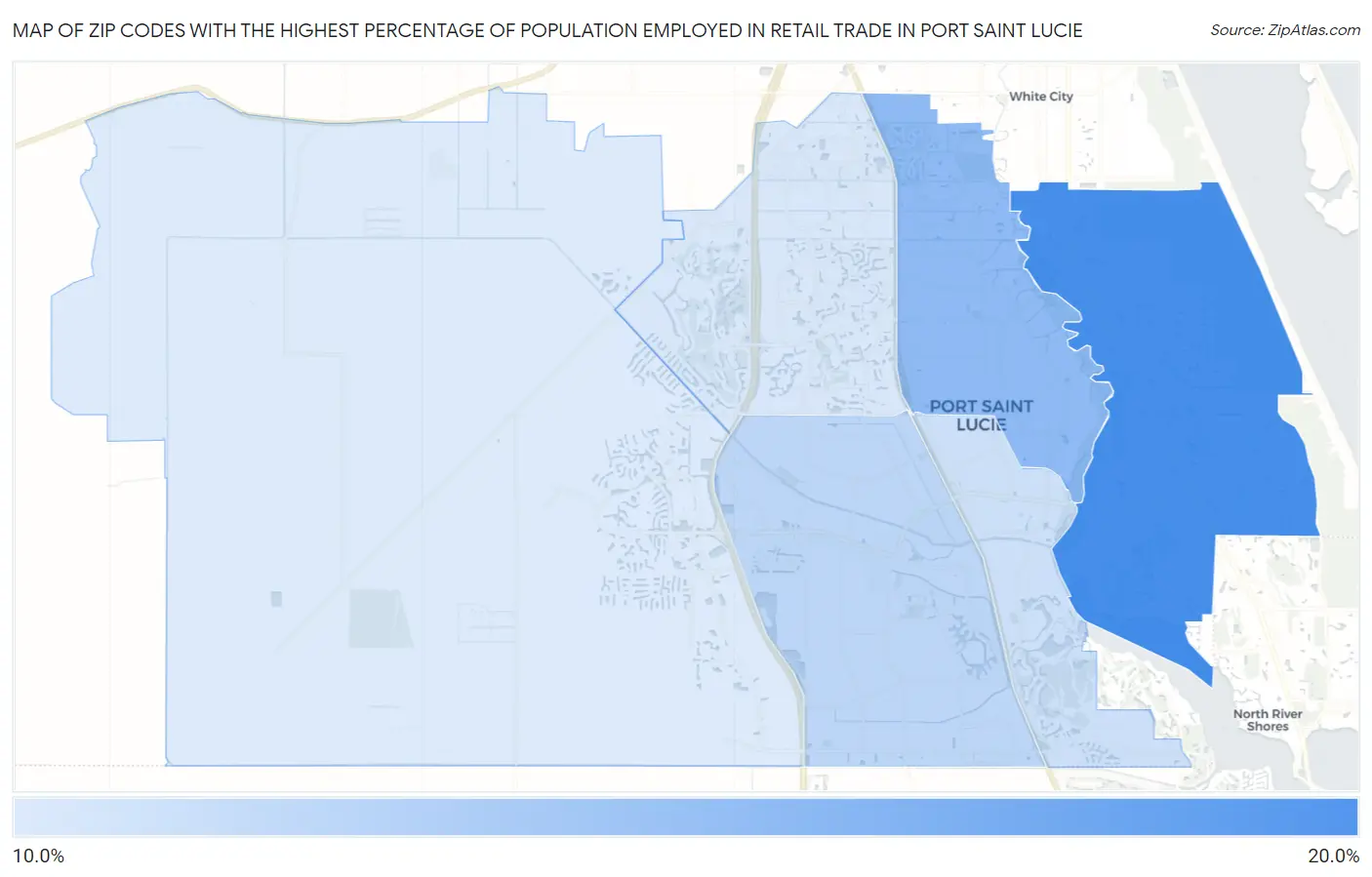 Zip Codes with the Highest Percentage of Population Employed in Retail Trade in Port Saint Lucie Map