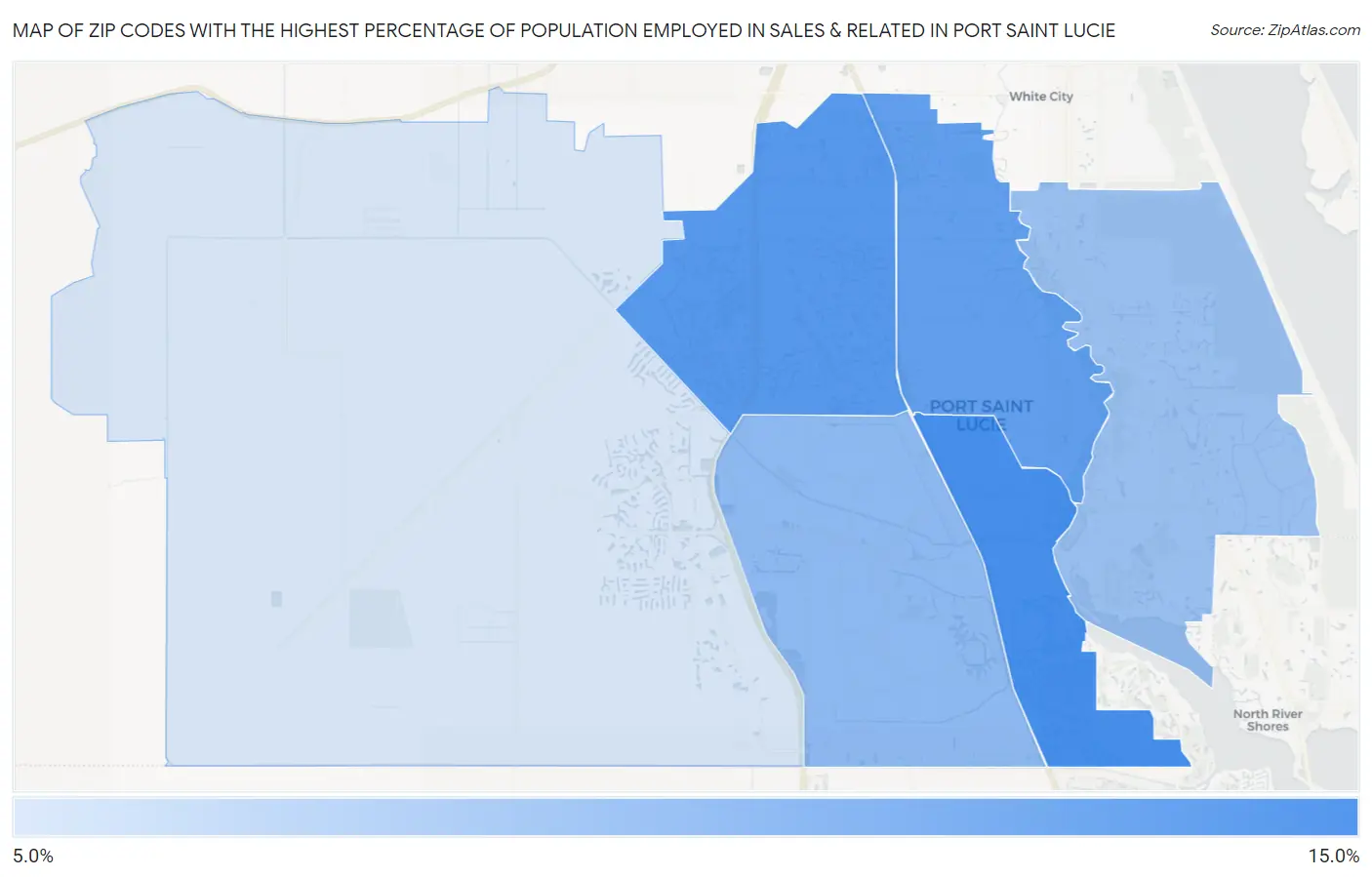 Zip Codes with the Highest Percentage of Population Employed in Sales & Related in Port Saint Lucie Map