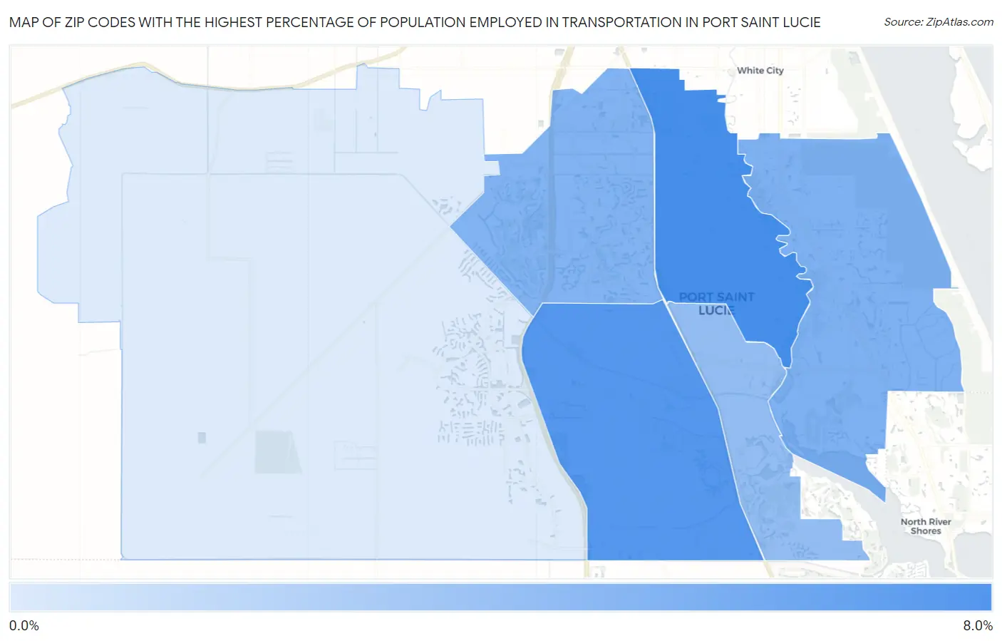 Zip Codes with the Highest Percentage of Population Employed in Transportation in Port Saint Lucie Map