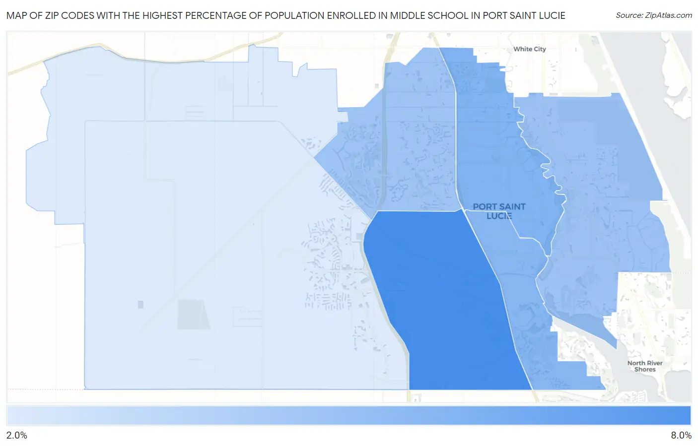 Zip Codes with the Highest Percentage of Population Enrolled in Middle School in Port Saint Lucie Map