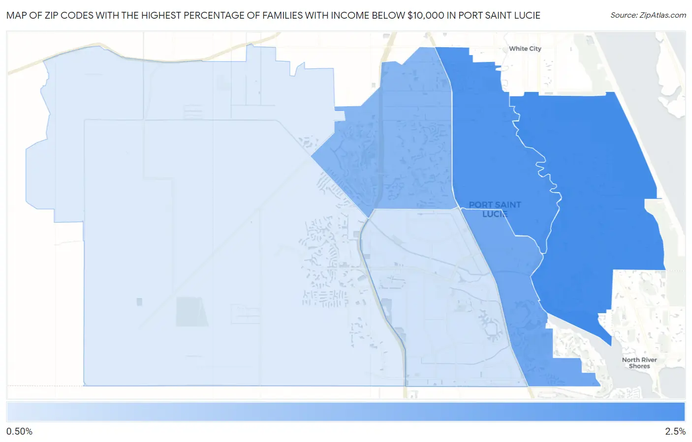 Zip Codes with the Highest Percentage of Families with Income Below $10,000 in Port Saint Lucie Map