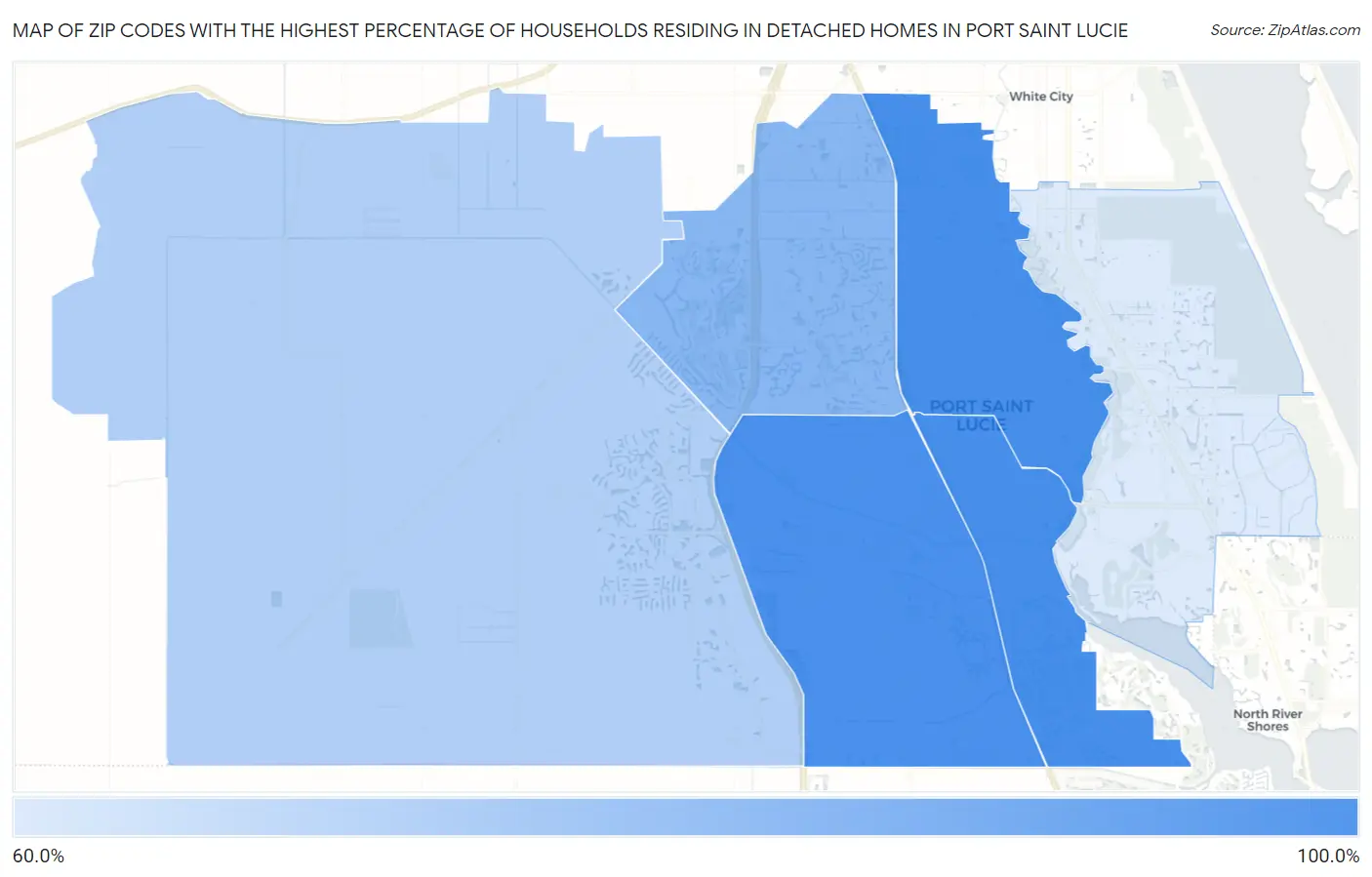 Zip Codes with the Highest Percentage of Households Residing in Detached Homes in Port Saint Lucie Map