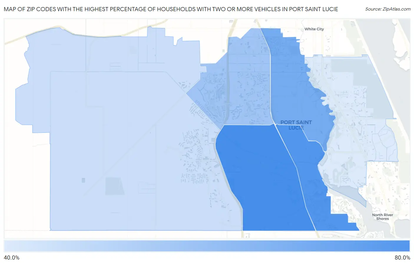Zip Codes with the Highest Percentage of Households With Two or more Vehicles in Port Saint Lucie Map