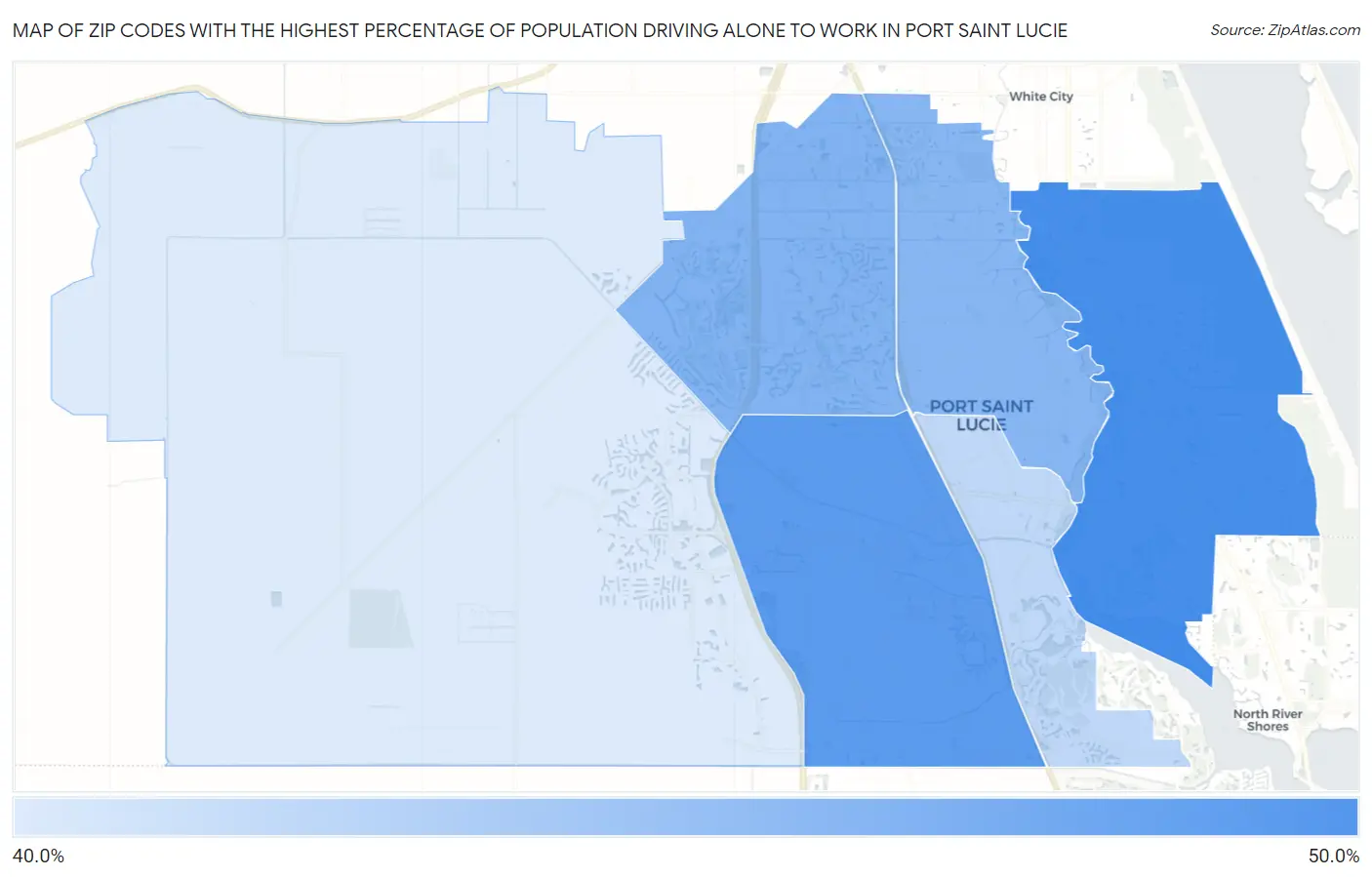 Zip Codes with the Highest Percentage of Population Driving Alone to Work in Port Saint Lucie Map