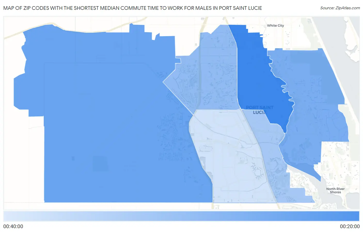 Zip Codes with the Shortest Median Commute Time to Work for Males in Port Saint Lucie Map