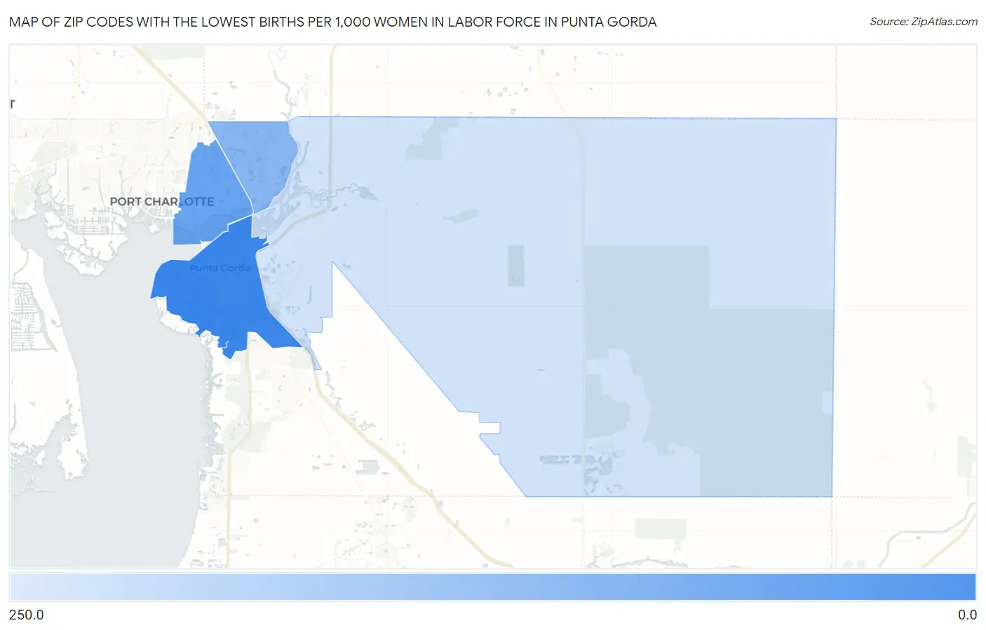 Zip Codes with the Lowest Births per 1,000 Women in Labor Force in Punta Gorda Map