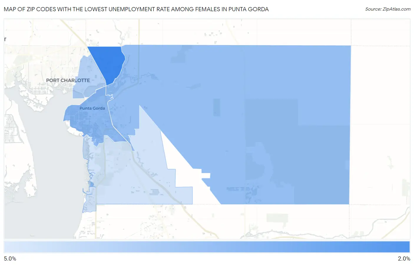 Zip Codes with the Lowest Unemployment Rate Among Females in Punta Gorda Map