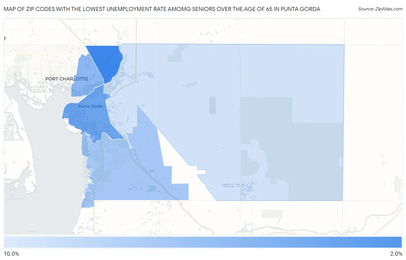 Zip Codes with the Lowest Unemployment Rate Amomg Seniors Over the Age of 65 in Punta Gorda Map