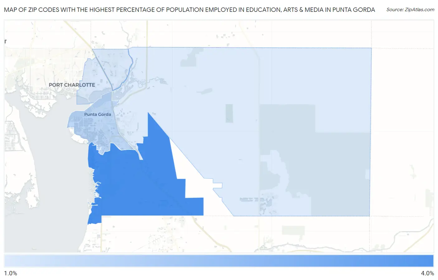 Zip Codes with the Highest Percentage of Population Employed in Education, Arts & Media in Punta Gorda Map