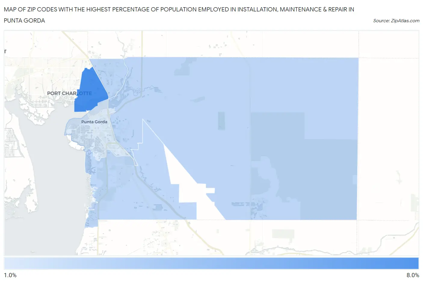 Zip Codes with the Highest Percentage of Population Employed in Installation, Maintenance & Repair in Punta Gorda Map