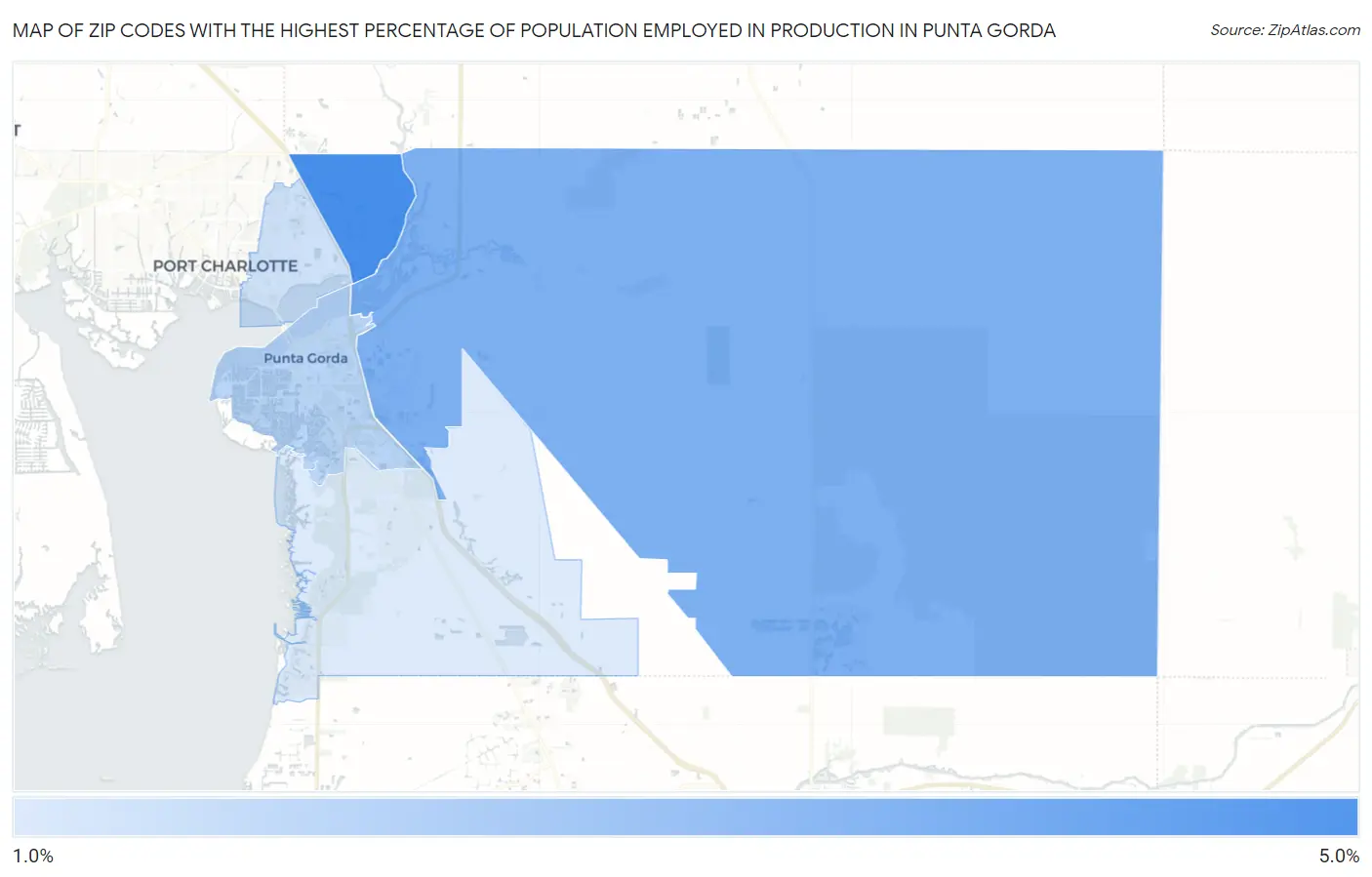 Zip Codes with the Highest Percentage of Population Employed in Production in Punta Gorda Map