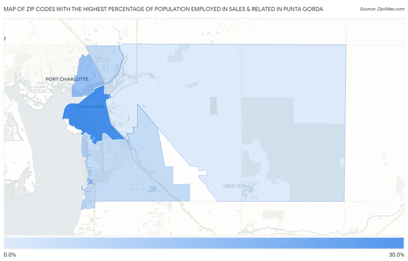 Zip Codes with the Highest Percentage of Population Employed in Sales & Related in Punta Gorda Map