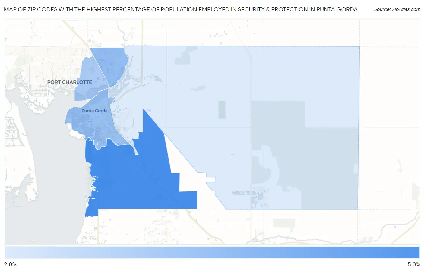 Zip Codes with the Highest Percentage of Population Employed in Security & Protection in Punta Gorda Map