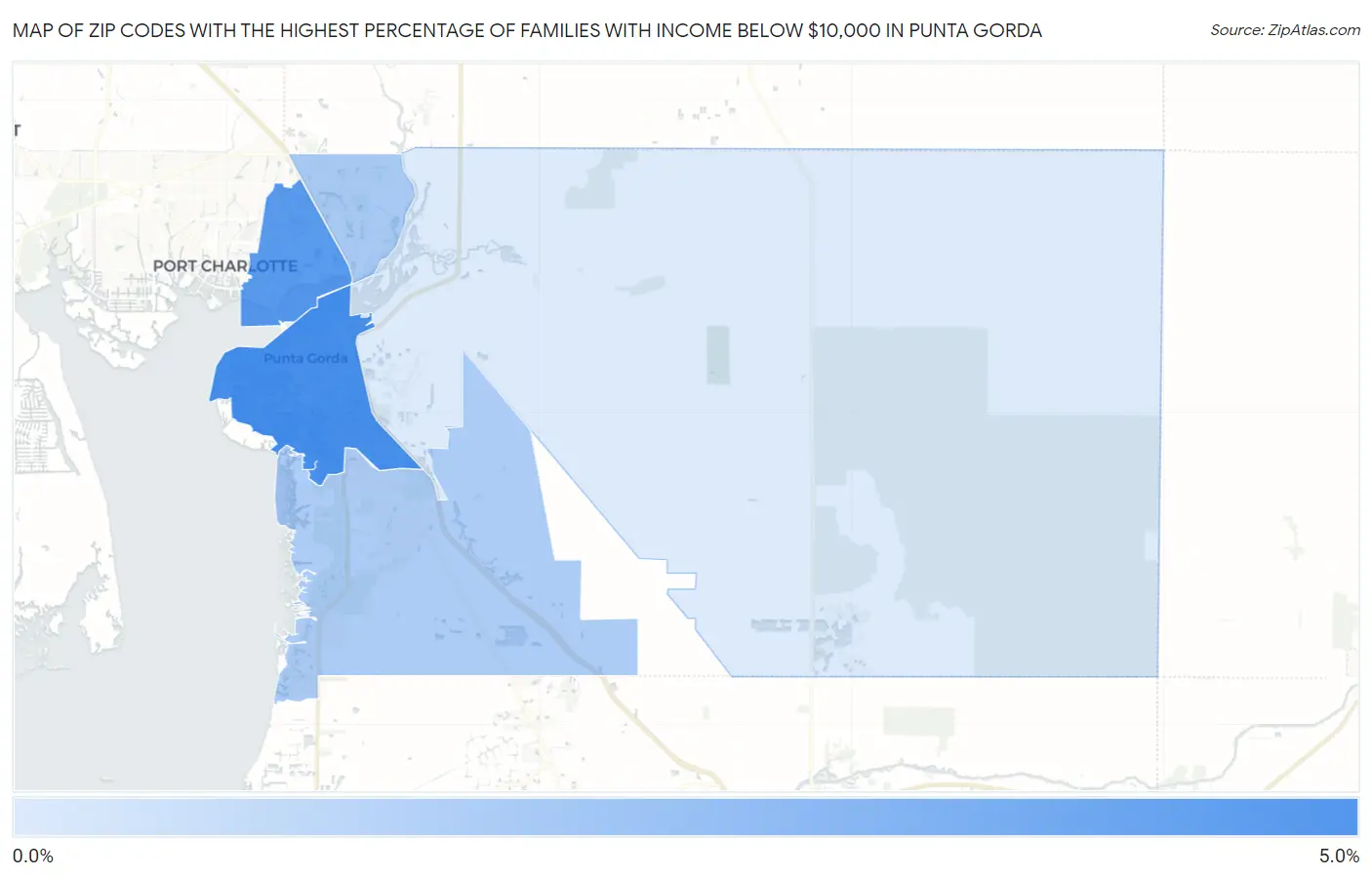 Zip Codes with the Highest Percentage of Families with Income Below $10,000 in Punta Gorda Map
