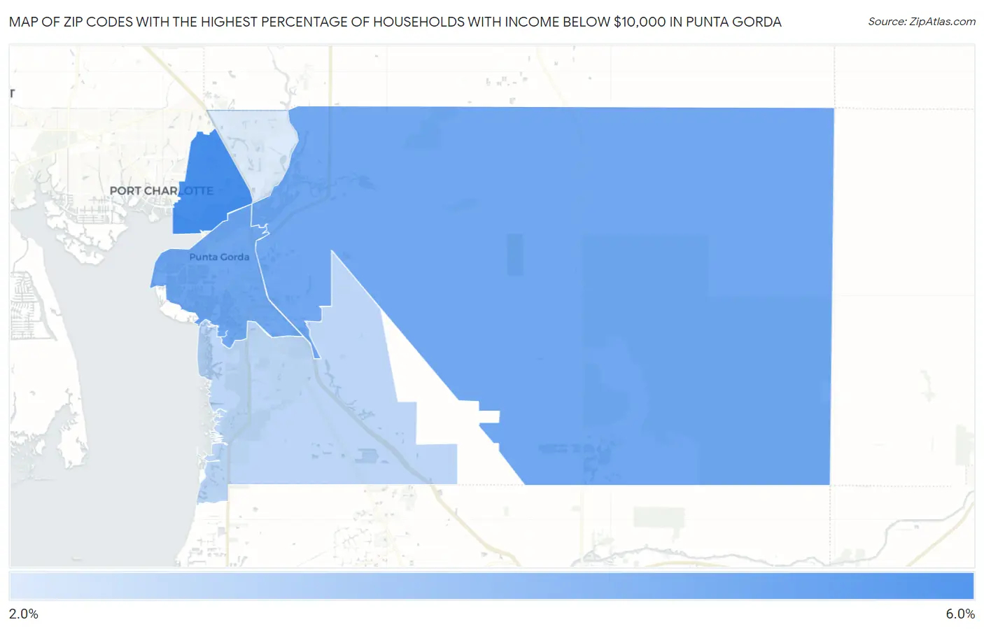 Zip Codes with the Highest Percentage of Households with Income Below $10,000 in Punta Gorda Map