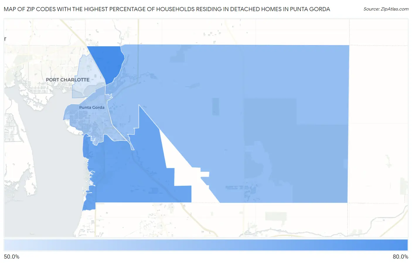 Zip Codes with the Highest Percentage of Households Residing in Detached Homes in Punta Gorda Map