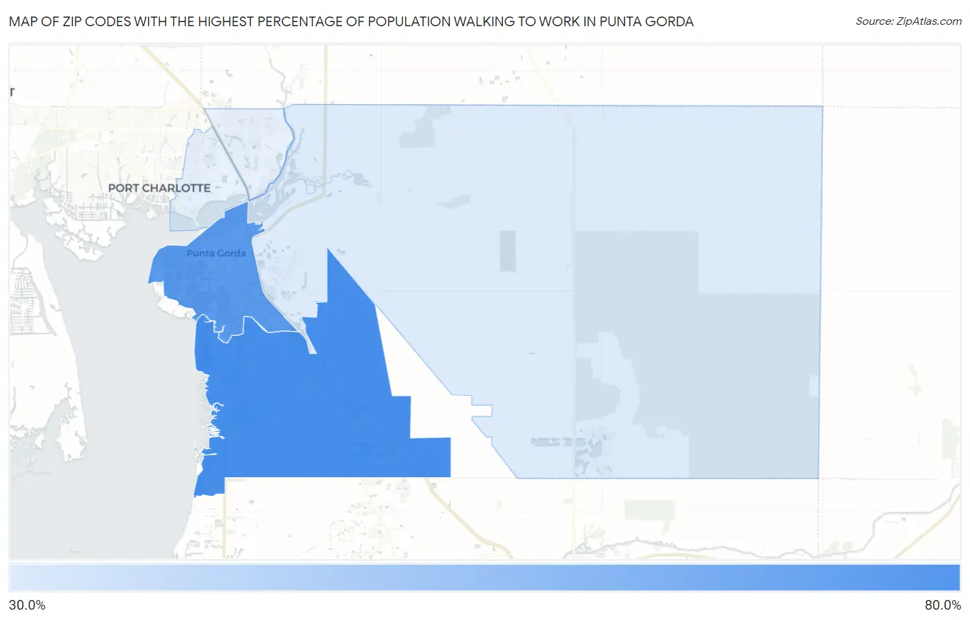Zip Codes with the Highest Percentage of Population Walking to Work in Punta Gorda Map
