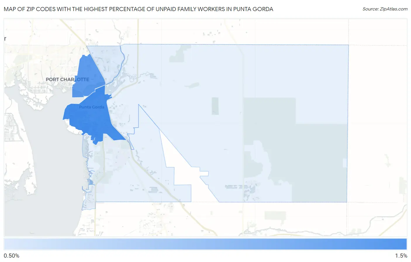 Zip Codes with the Highest Percentage of Unpaid Family Workers in Punta Gorda Map