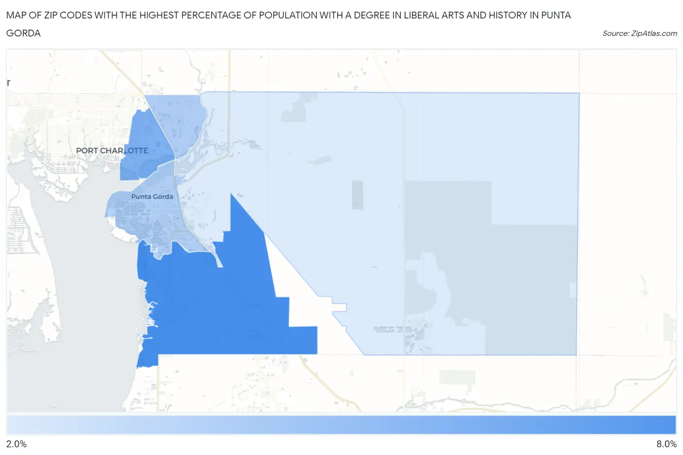 Zip Codes with the Highest Percentage of Population with a Degree in Liberal Arts and History in Punta Gorda Map