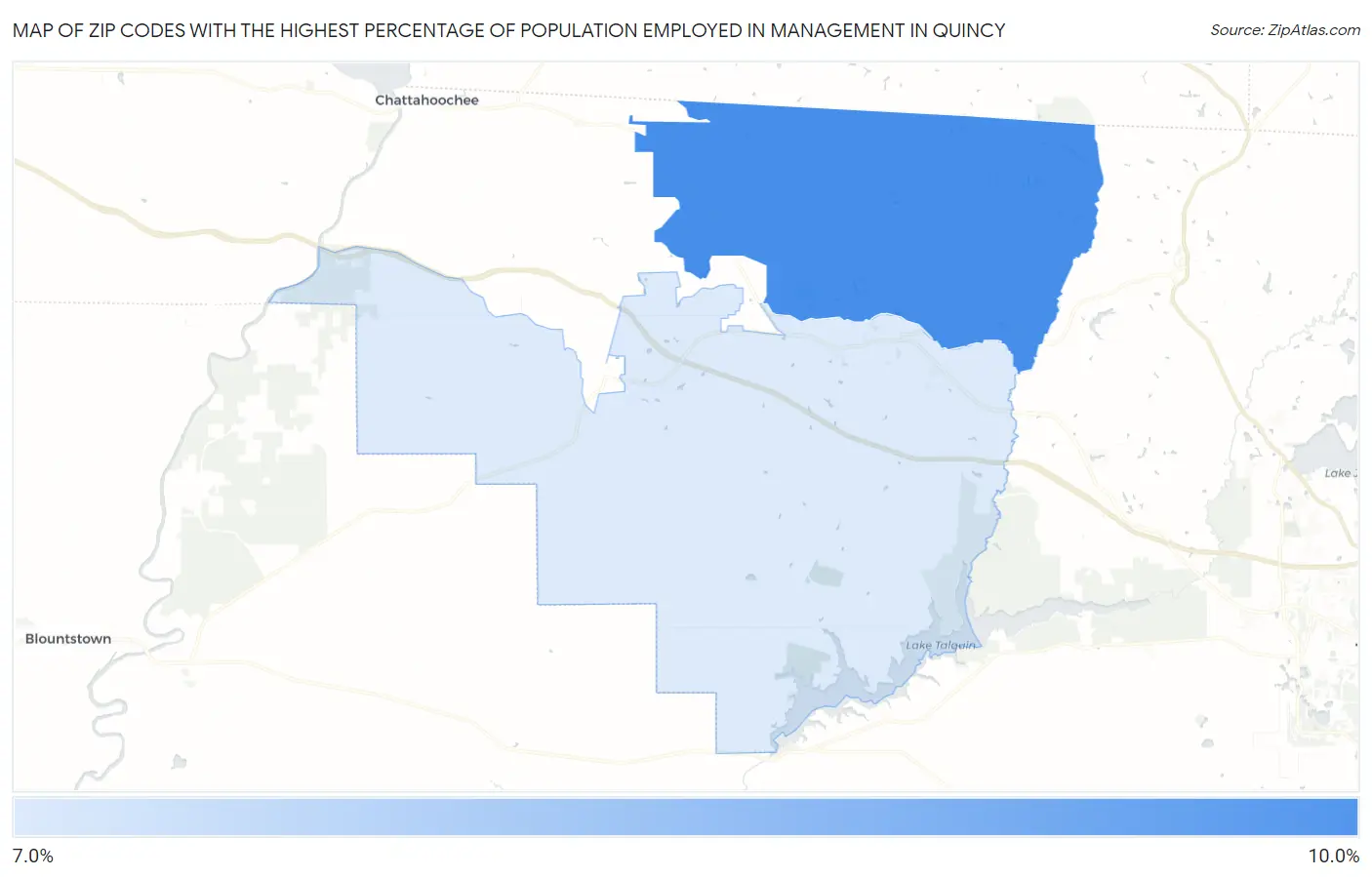 Zip Codes with the Highest Percentage of Population Employed in Management in Quincy Map
