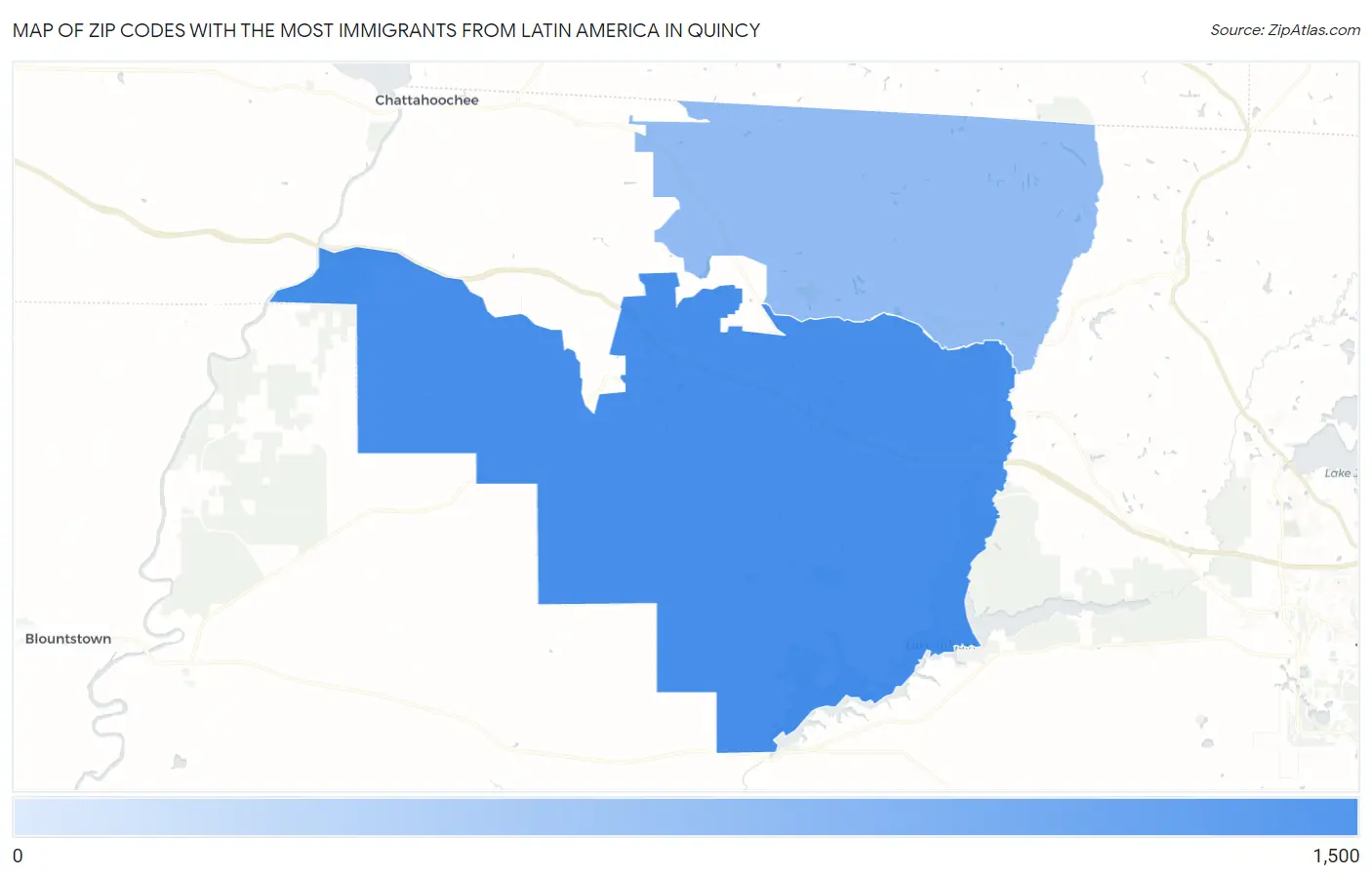 Zip Codes with the Most Immigrants from Latin America in Quincy Map