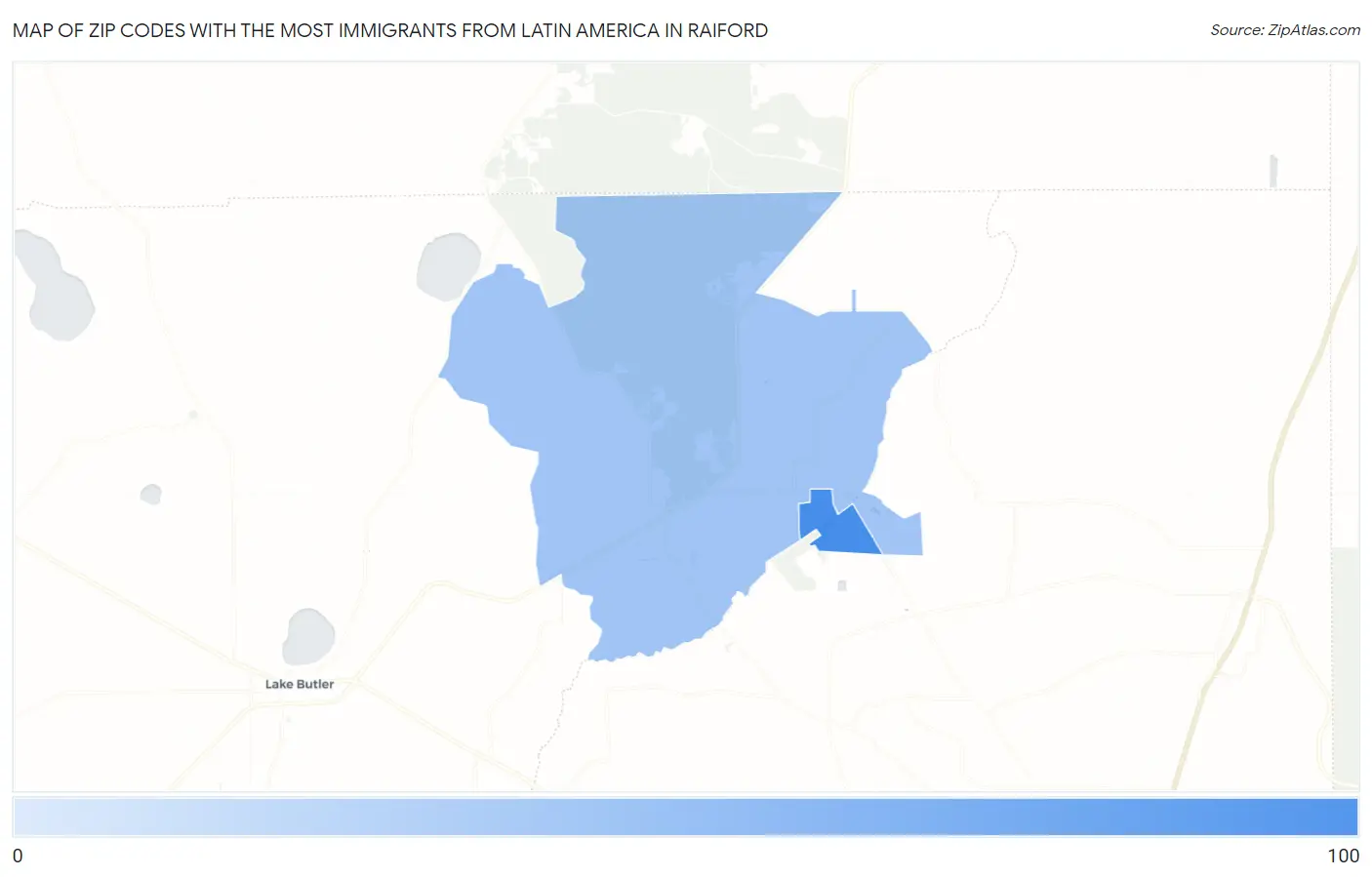 Zip Codes with the Most Immigrants from Latin America in Raiford Map