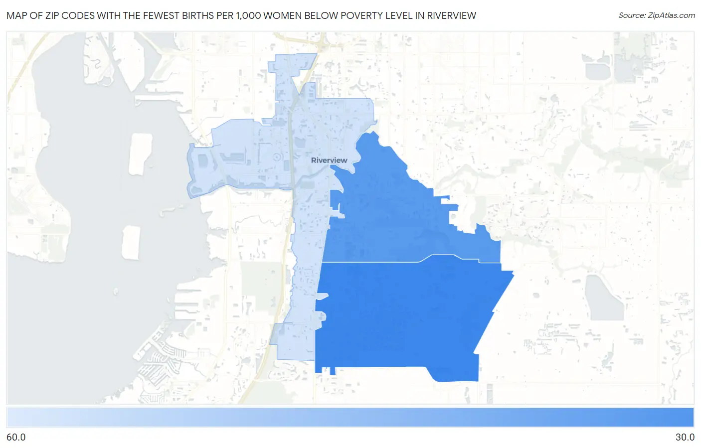 Zip Codes with the Fewest Births per 1,000 Women Below Poverty Level in Riverview Map