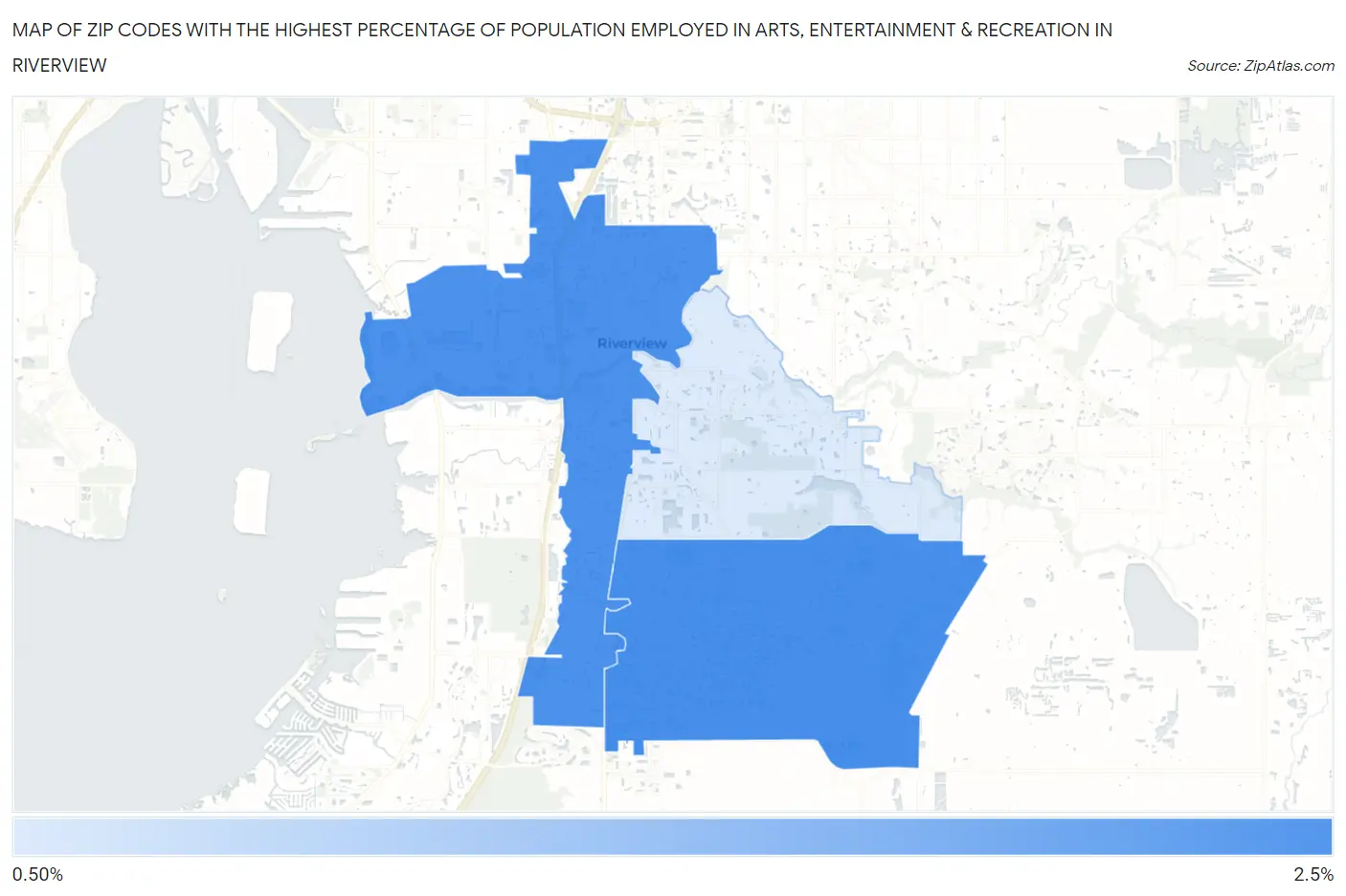 Zip Codes with the Highest Percentage of Population Employed in Arts, Entertainment & Recreation in Riverview Map