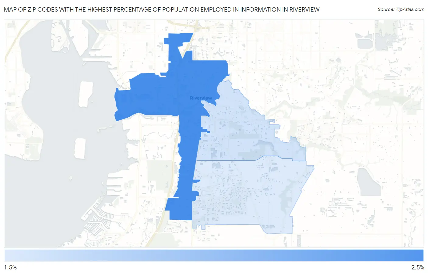 Zip Codes with the Highest Percentage of Population Employed in Information in Riverview Map