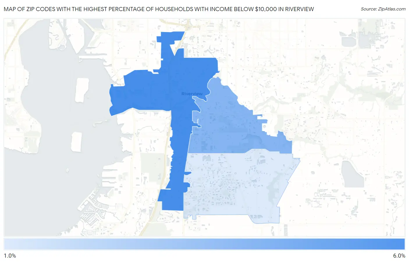Zip Codes with the Highest Percentage of Households with Income Below $10,000 in Riverview Map
