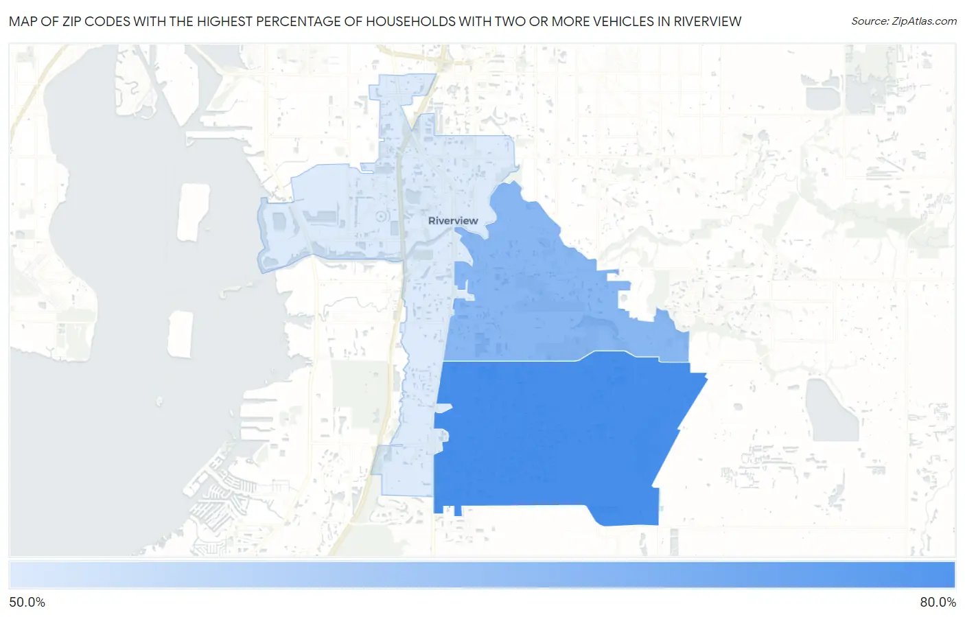 Zip Codes with the Highest Percentage of Households With Two or more Vehicles in Riverview Map