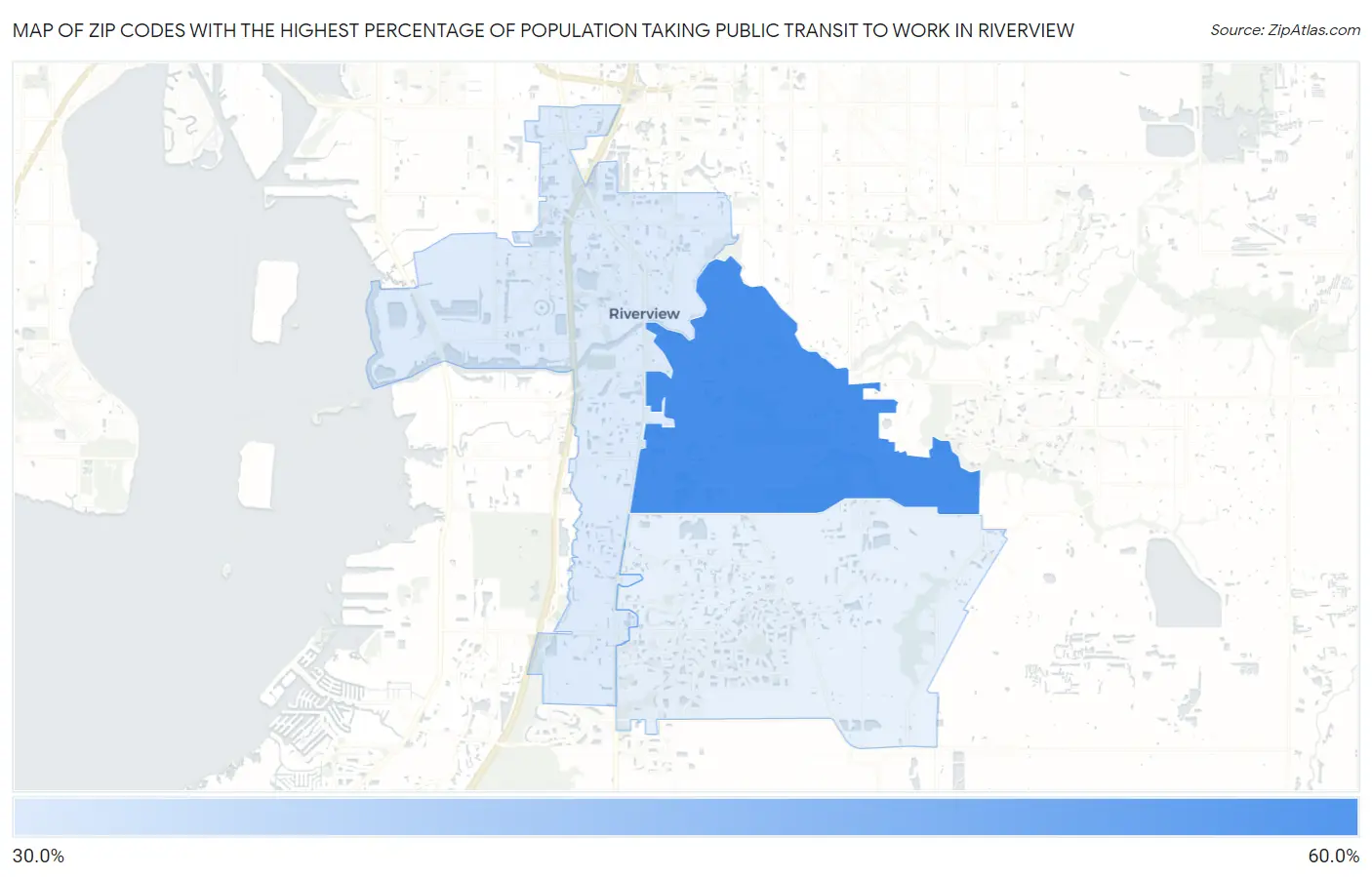 Zip Codes with the Highest Percentage of Population Taking Public Transit to Work in Riverview Map